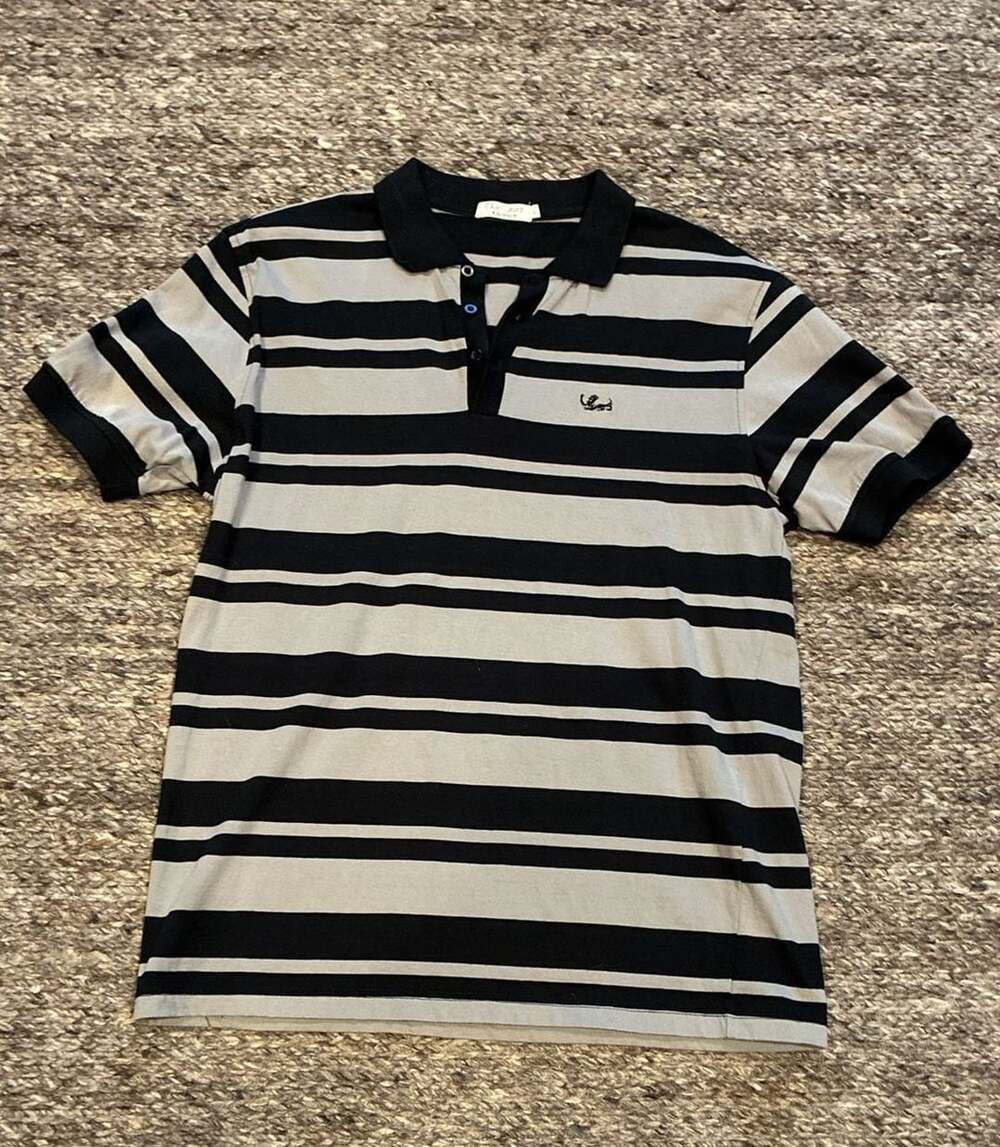 Oleg Cassini Authentic Black and Grey Striped Knit Short Sleeve Polo Shirt